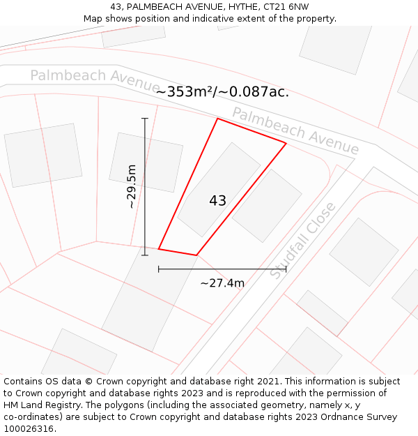 43, PALMBEACH AVENUE, HYTHE, CT21 6NW: Plot and title map