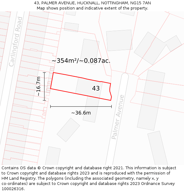43, PALMER AVENUE, HUCKNALL, NOTTINGHAM, NG15 7AN: Plot and title map