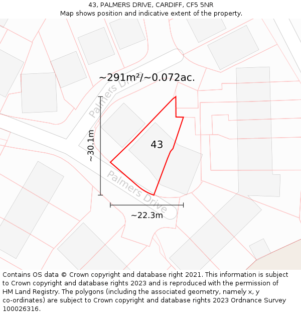 43, PALMERS DRIVE, CARDIFF, CF5 5NR: Plot and title map