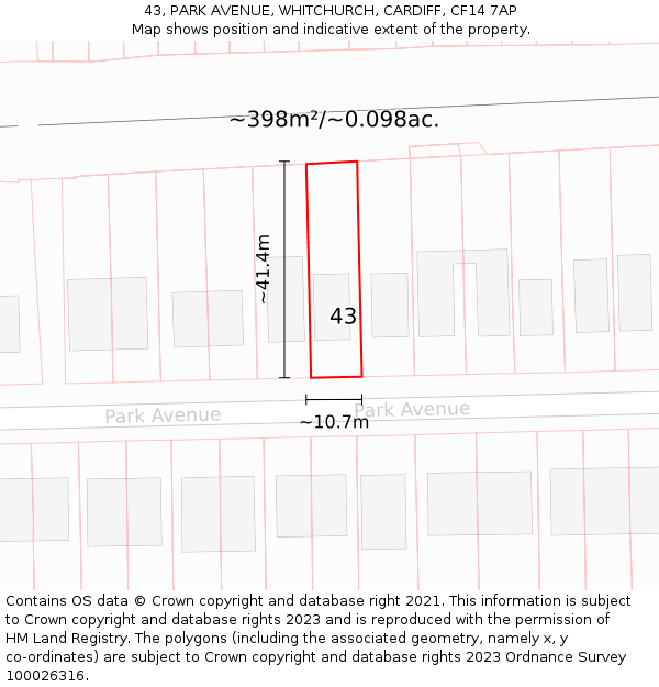 43, PARK AVENUE, WHITCHURCH, CARDIFF, CF14 7AP: Plot and title map