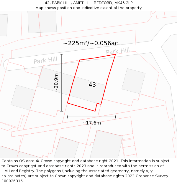 43, PARK HILL, AMPTHILL, BEDFORD, MK45 2LP: Plot and title map