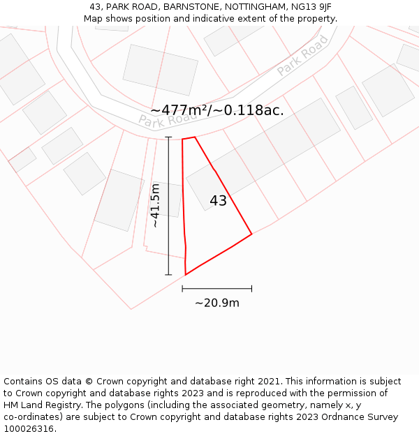 43, PARK ROAD, BARNSTONE, NOTTINGHAM, NG13 9JF: Plot and title map