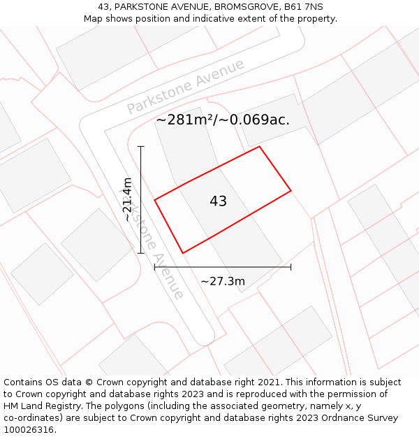 43, PARKSTONE AVENUE, BROMSGROVE, B61 7NS: Plot and title map