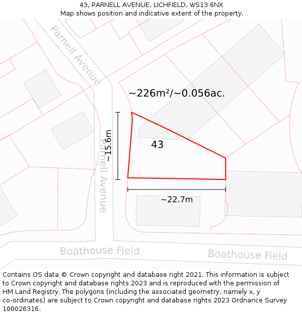43, PARNELL AVENUE, LICHFIELD, WS13 6NX: Plot and title map