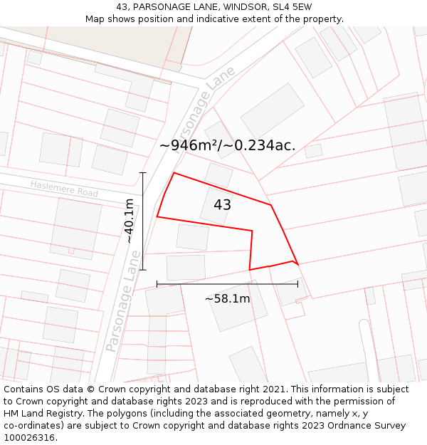 43, PARSONAGE LANE, WINDSOR, SL4 5EW: Plot and title map