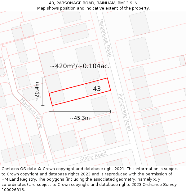 43, PARSONAGE ROAD, RAINHAM, RM13 9LN: Plot and title map