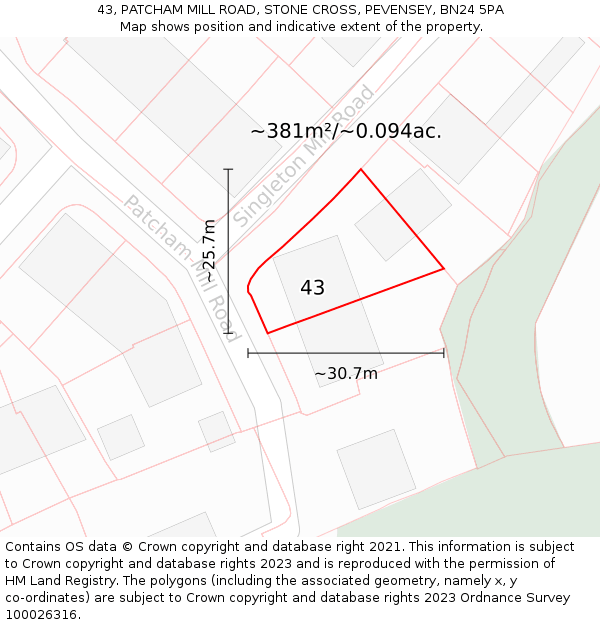 43, PATCHAM MILL ROAD, STONE CROSS, PEVENSEY, BN24 5PA: Plot and title map