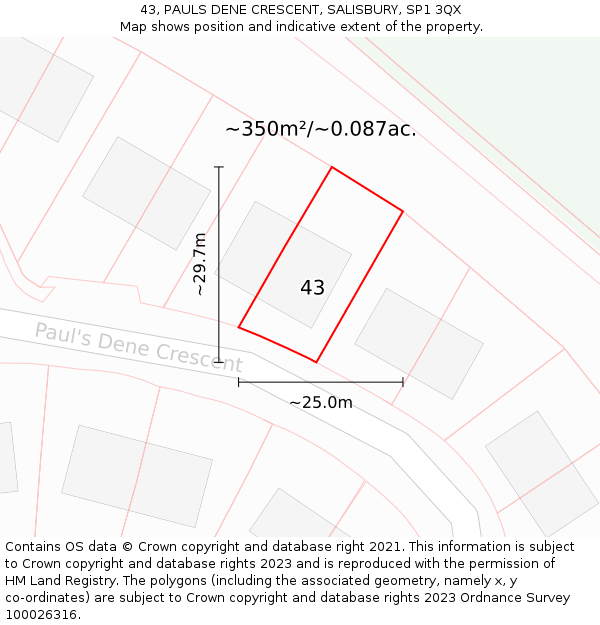 43, PAULS DENE CRESCENT, SALISBURY, SP1 3QX: Plot and title map