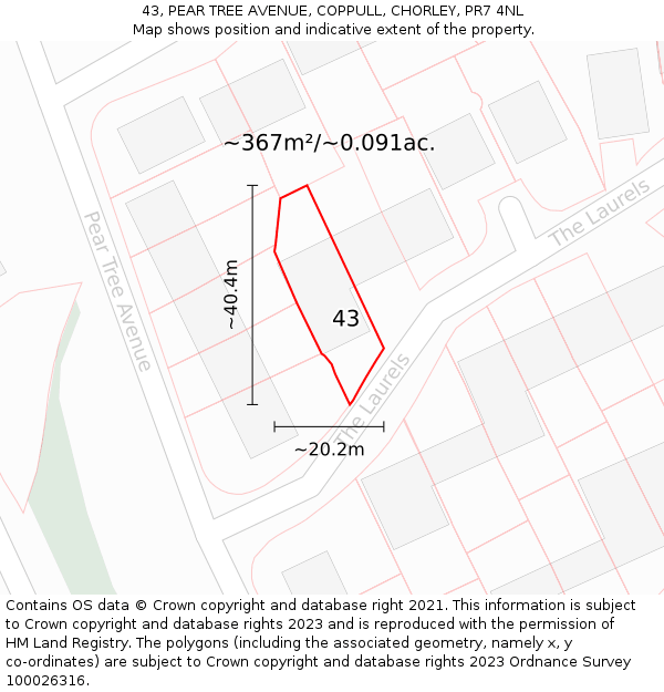 43, PEAR TREE AVENUE, COPPULL, CHORLEY, PR7 4NL: Plot and title map