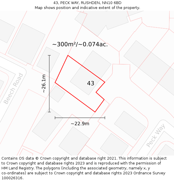 43, PECK WAY, RUSHDEN, NN10 6BD: Plot and title map