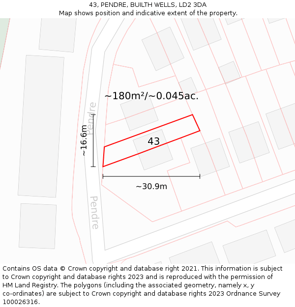 43, PENDRE, BUILTH WELLS, LD2 3DA: Plot and title map