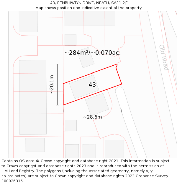 43, PENRHIWTYN DRIVE, NEATH, SA11 2JF: Plot and title map