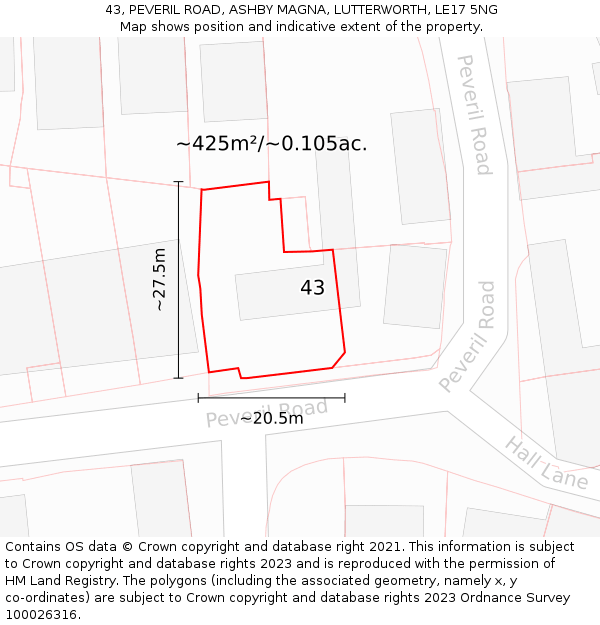 43, PEVERIL ROAD, ASHBY MAGNA, LUTTERWORTH, LE17 5NG: Plot and title map