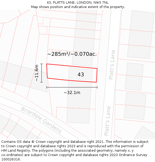 43, PLATTS LANE, LONDON, NW3 7NL: Plot and title map
