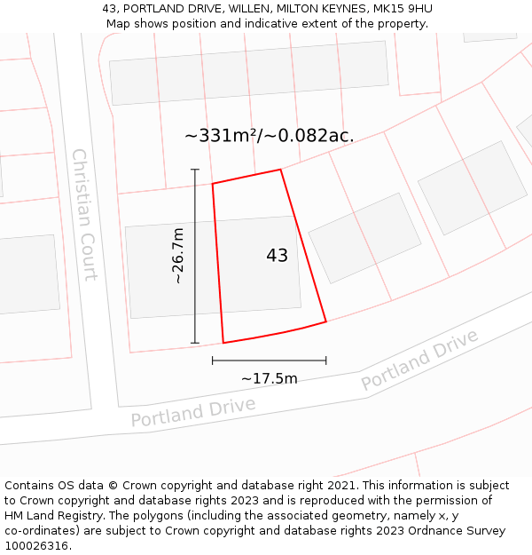 43, PORTLAND DRIVE, WILLEN, MILTON KEYNES, MK15 9HU: Plot and title map