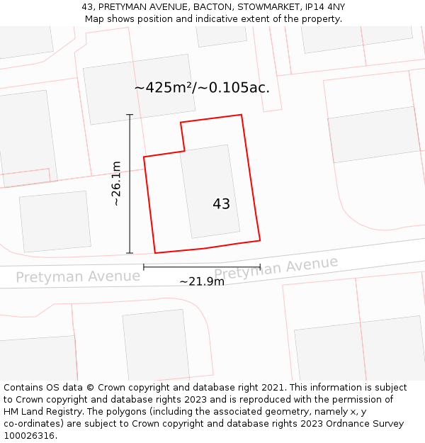 43, PRETYMAN AVENUE, BACTON, STOWMARKET, IP14 4NY: Plot and title map