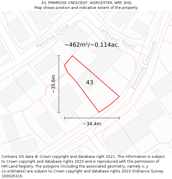 43, PRIMROSE CRESCENT, WORCESTER, WR5 3HQ: Plot and title map