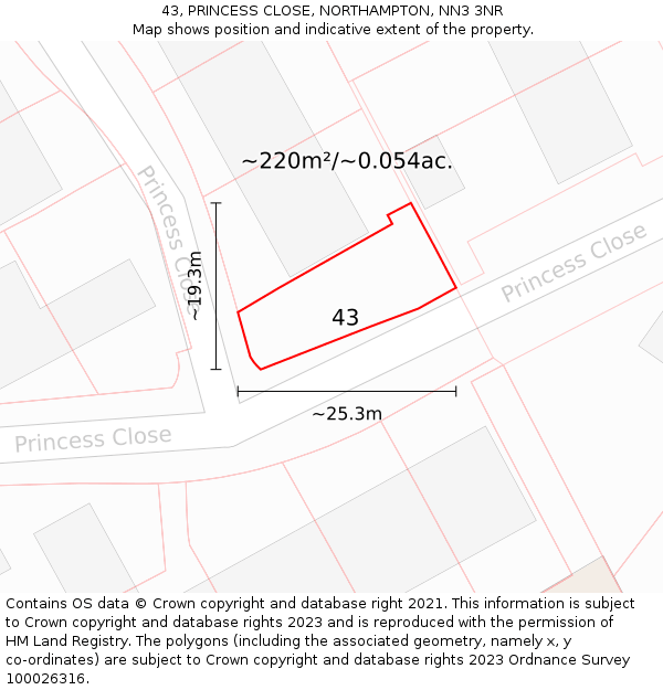 43, PRINCESS CLOSE, NORTHAMPTON, NN3 3NR: Plot and title map