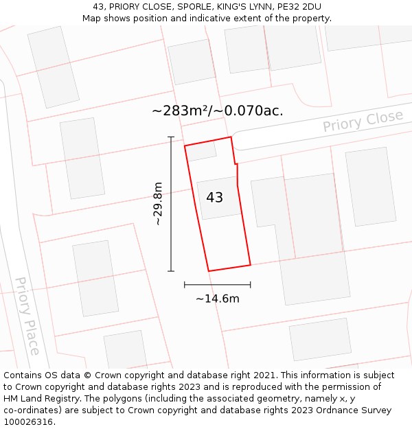 43, PRIORY CLOSE, SPORLE, KING'S LYNN, PE32 2DU: Plot and title map