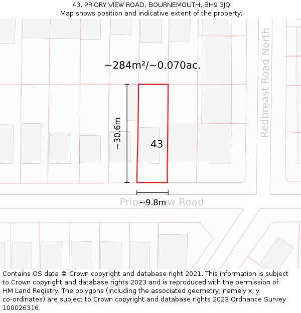 43, PRIORY VIEW ROAD, BOURNEMOUTH, BH9 3JQ: Plot and title map