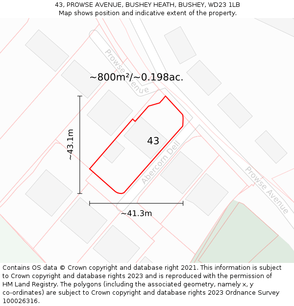 43, PROWSE AVENUE, BUSHEY HEATH, BUSHEY, WD23 1LB: Plot and title map
