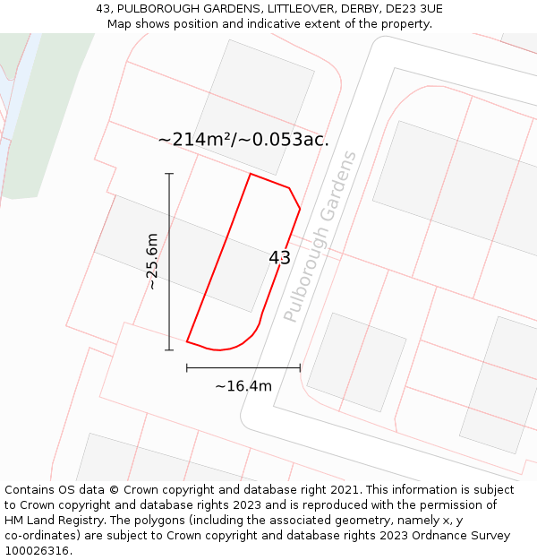 43, PULBOROUGH GARDENS, LITTLEOVER, DERBY, DE23 3UE: Plot and title map
