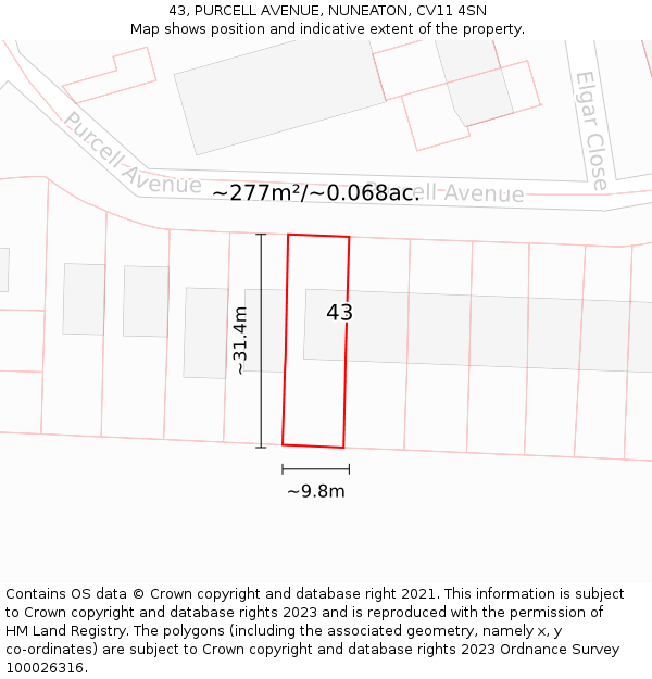 43, PURCELL AVENUE, NUNEATON, CV11 4SN: Plot and title map