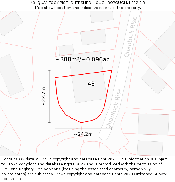 43, QUANTOCK RISE, SHEPSHED, LOUGHBOROUGH, LE12 9JR: Plot and title map