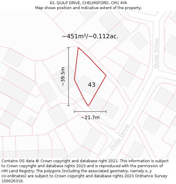 43, QUILP DRIVE, CHELMSFORD, CM1 4YA: Plot and title map