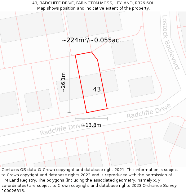 43, RADCLIFFE DRIVE, FARINGTON MOSS, LEYLAND, PR26 6QL: Plot and title map