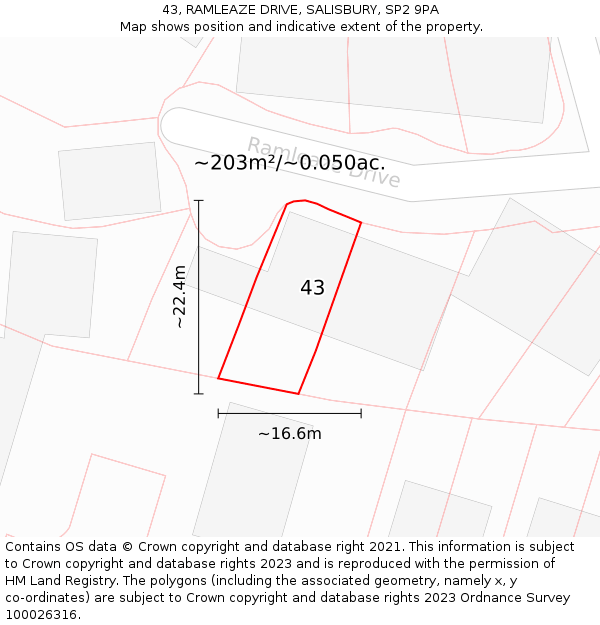 43, RAMLEAZE DRIVE, SALISBURY, SP2 9PA: Plot and title map