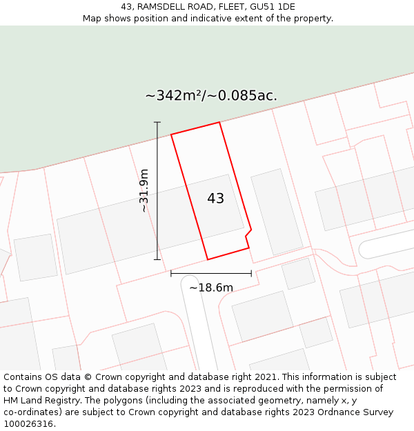 43, RAMSDELL ROAD, FLEET, GU51 1DE: Plot and title map