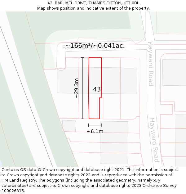 43, RAPHAEL DRIVE, THAMES DITTON, KT7 0BL: Plot and title map