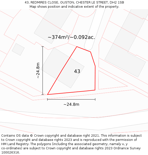 43, REDMIRES CLOSE, OUSTON, CHESTER LE STREET, DH2 1SB: Plot and title map