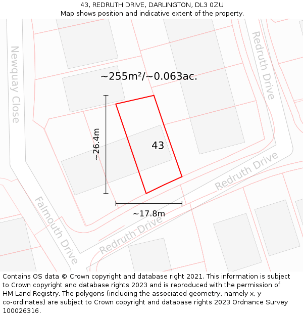 43, REDRUTH DRIVE, DARLINGTON, DL3 0ZU: Plot and title map