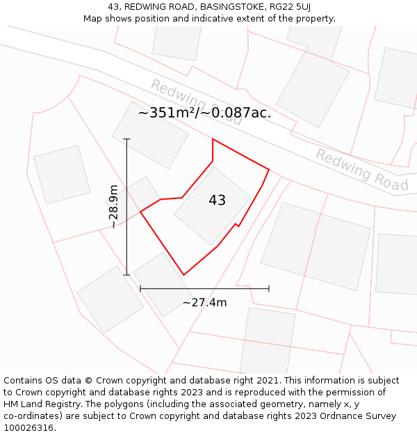 43, REDWING ROAD, BASINGSTOKE, RG22 5UJ: Plot and title map