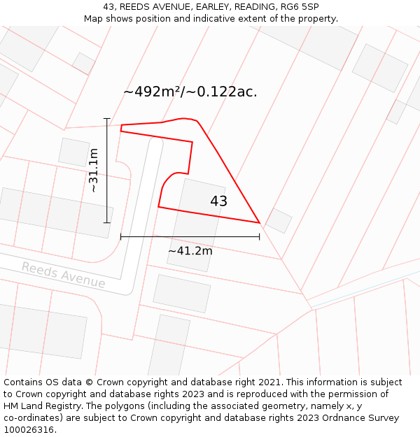 43, REEDS AVENUE, EARLEY, READING, RG6 5SP: Plot and title map