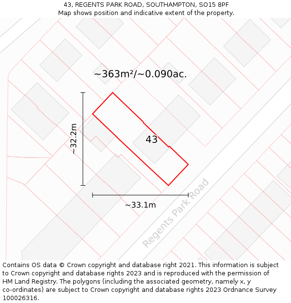 43, REGENTS PARK ROAD, SOUTHAMPTON, SO15 8PF: Plot and title map