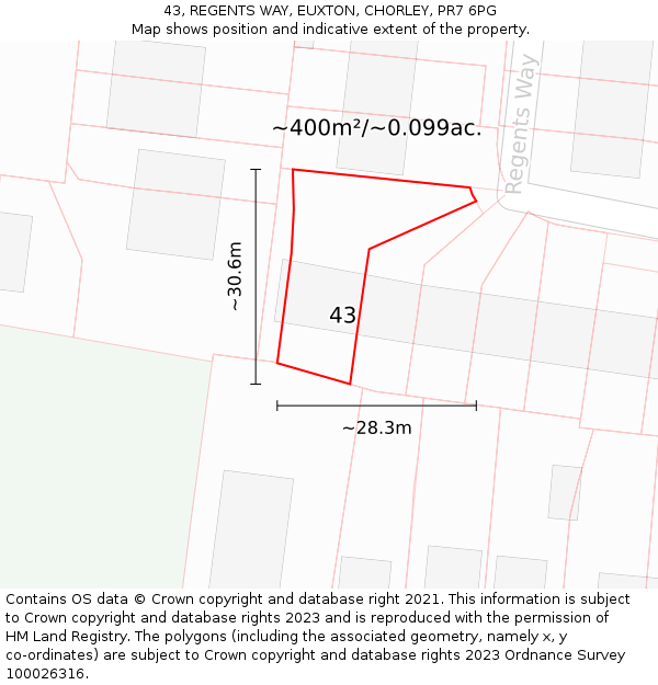 43, REGENTS WAY, EUXTON, CHORLEY, PR7 6PG: Plot and title map