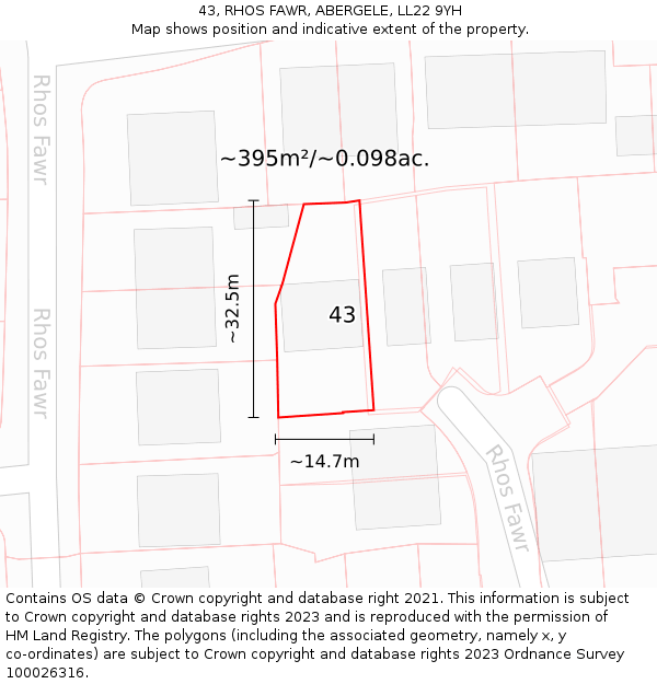 43, RHOS FAWR, ABERGELE, LL22 9YH: Plot and title map
