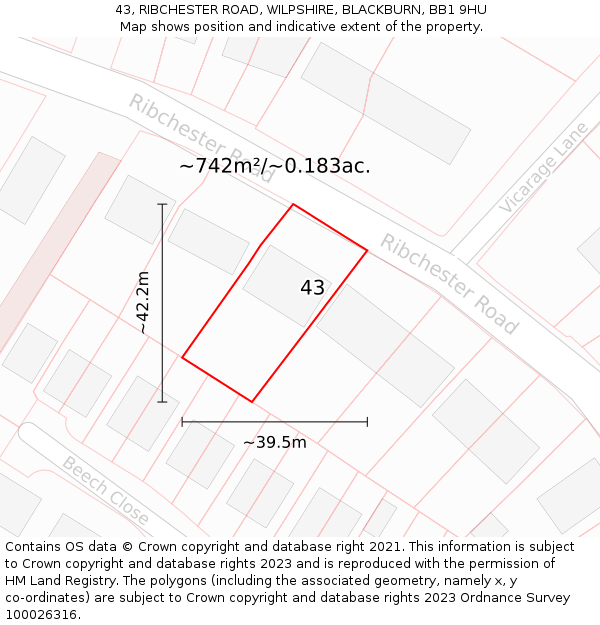 43, RIBCHESTER ROAD, WILPSHIRE, BLACKBURN, BB1 9HU: Plot and title map