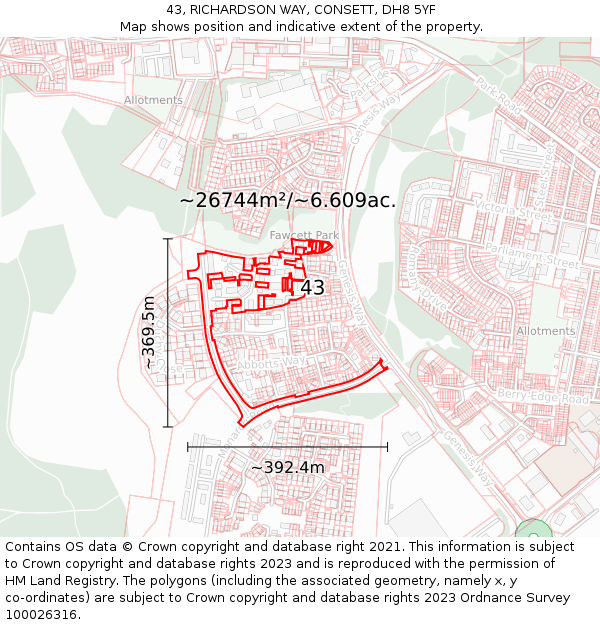 43, RICHARDSON WAY, CONSETT, DH8 5YF: Plot and title map