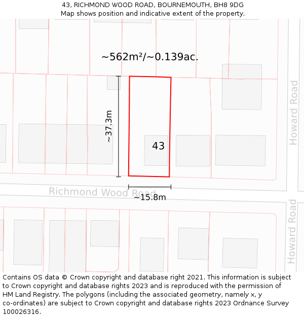 43, RICHMOND WOOD ROAD, BOURNEMOUTH, BH8 9DG: Plot and title map