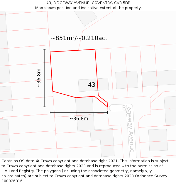 43, RIDGEWAY AVENUE, COVENTRY, CV3 5BP: Plot and title map