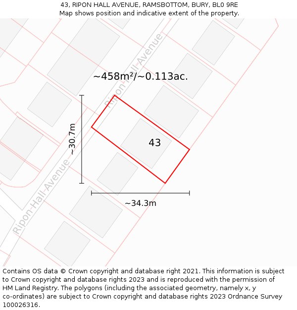 43, RIPON HALL AVENUE, RAMSBOTTOM, BURY, BL0 9RE: Plot and title map