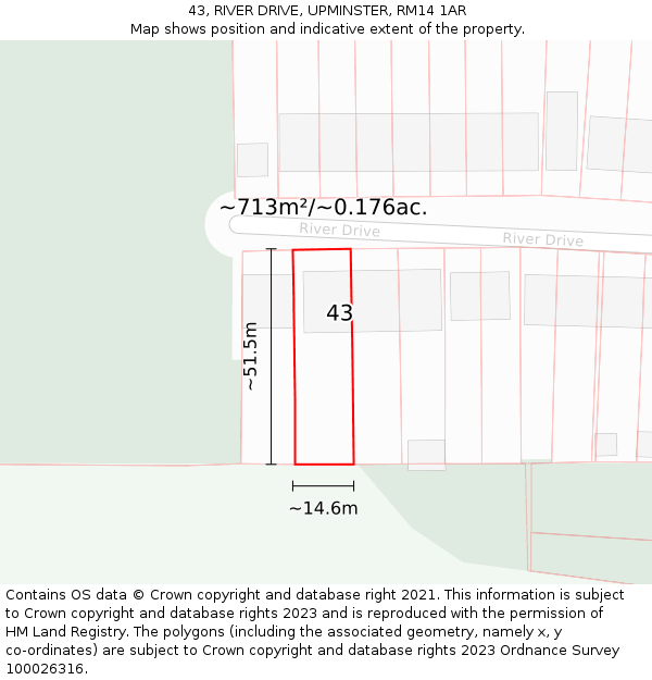 43, RIVER DRIVE, UPMINSTER, RM14 1AR: Plot and title map