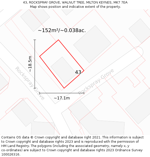 43, ROCKSPRAY GROVE, WALNUT TREE, MILTON KEYNES, MK7 7EA: Plot and title map