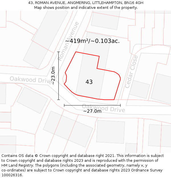 43, ROMAN AVENUE, ANGMERING, LITTLEHAMPTON, BN16 4GH: Plot and title map