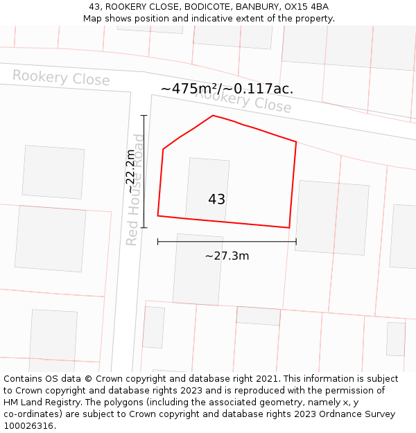 43, ROOKERY CLOSE, BODICOTE, BANBURY, OX15 4BA: Plot and title map