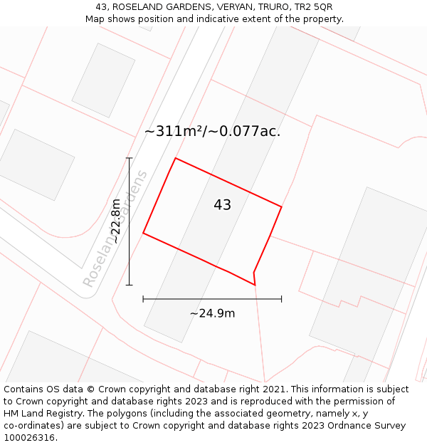 43, ROSELAND GARDENS, VERYAN, TRURO, TR2 5QR: Plot and title map